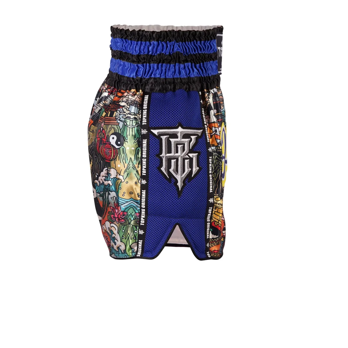 TOPKING THAI BOXING SHORTS BLUE 227, страничен изглед, показващ широките отвори за краката