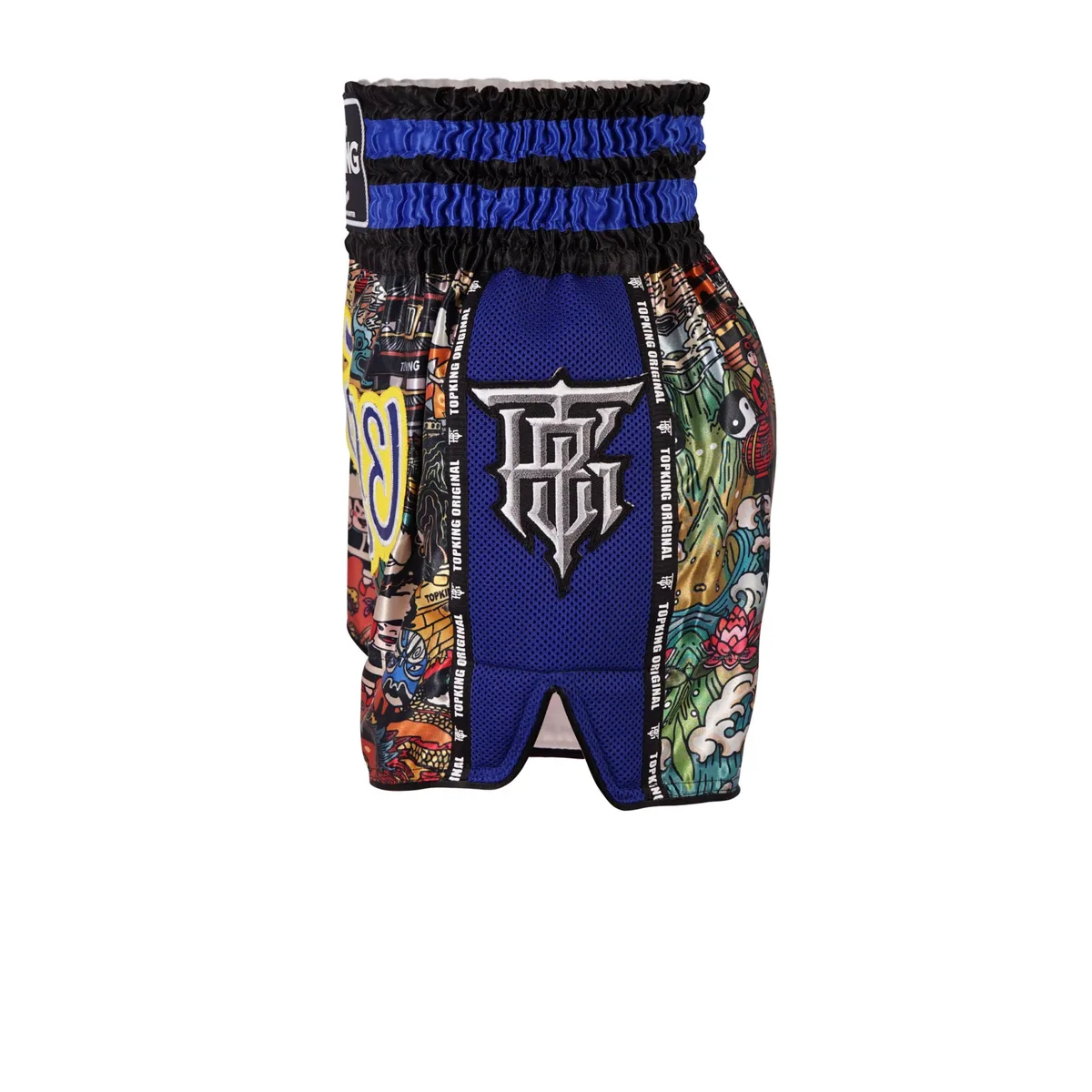 TOPKING THAI BOXING SHORTS BLUE 227, детайл на логото и шевовете