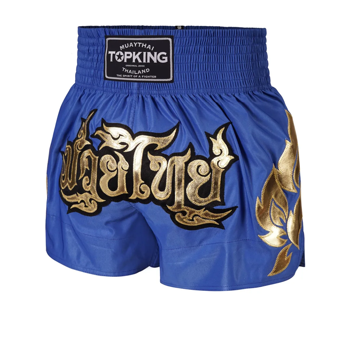 Сини шорти Top King Thai Boxing BLUE 229, преден план с еластичен колан и традиционни мотиви.