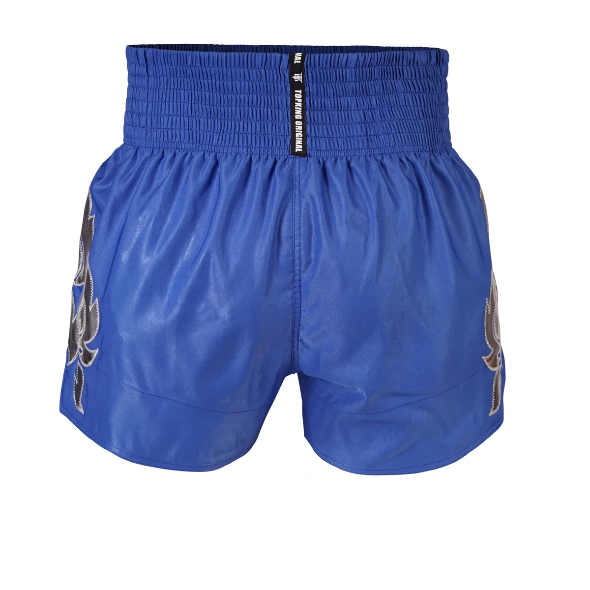 Заден изглед на шортите Top King Thai Boxing Shorts Blue 230, демонстриращ свободната кройка