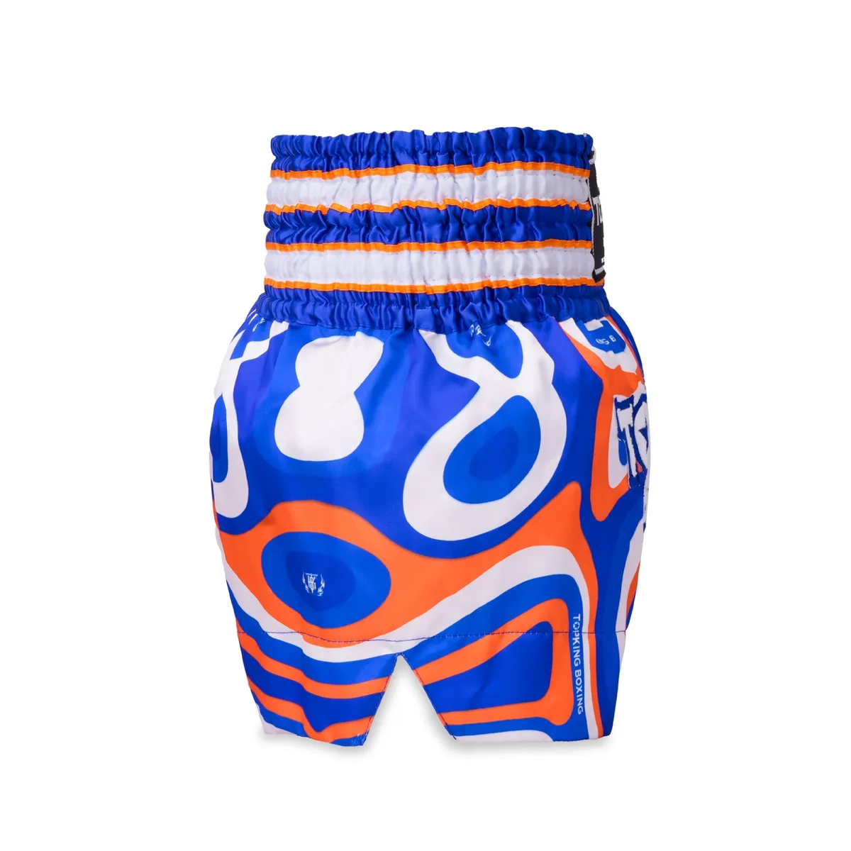 TOPKING THAI BOXING SHORTS BLUE 251 – детайлен изглед на еластичния колан и логото на Top King