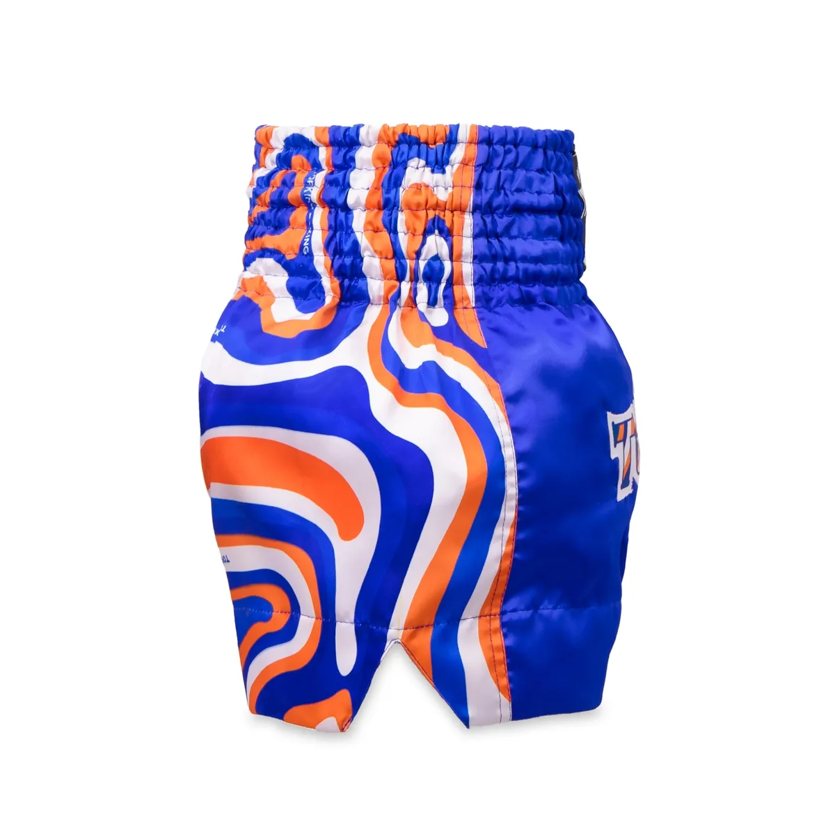 Детайлна снимка на сините шорти Top King Thai Boxing Shorts Blue 252, показваща еластичния колан и шевовете