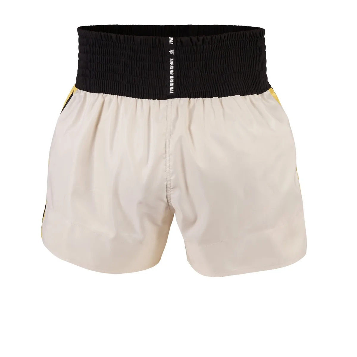 Заден изглед на шортите Top King Thai Boxing Shorts Cream 220, подчертаващ кройката и чистия дизайн.