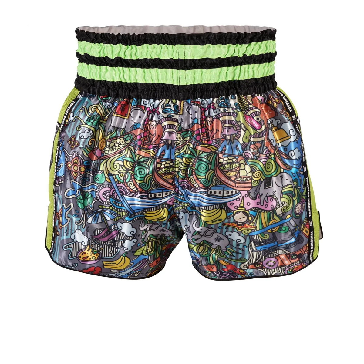 Заден изглед на шортите Top King Thai Boxing Shorts Green 223, акцентиращ върху кройката и традиционния стил.
