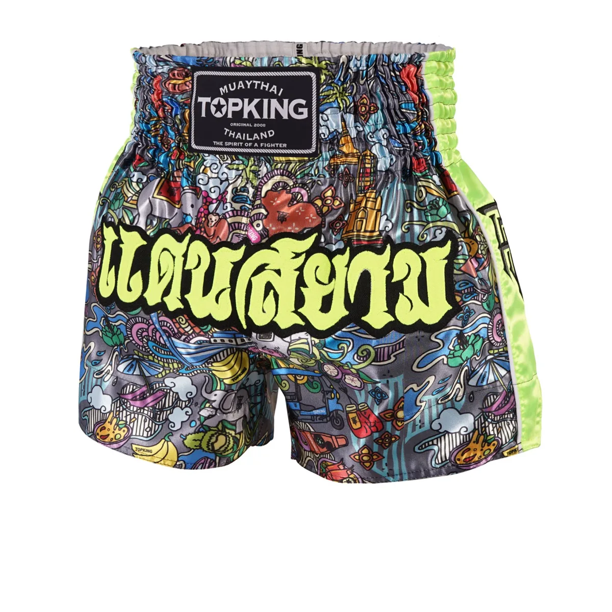 Мъжки шорти Top King Thai Boxing Shorts Green 225 в яркозелен цвят, с традиционни тайландски мотиви и логото на Top King, показани отпред.