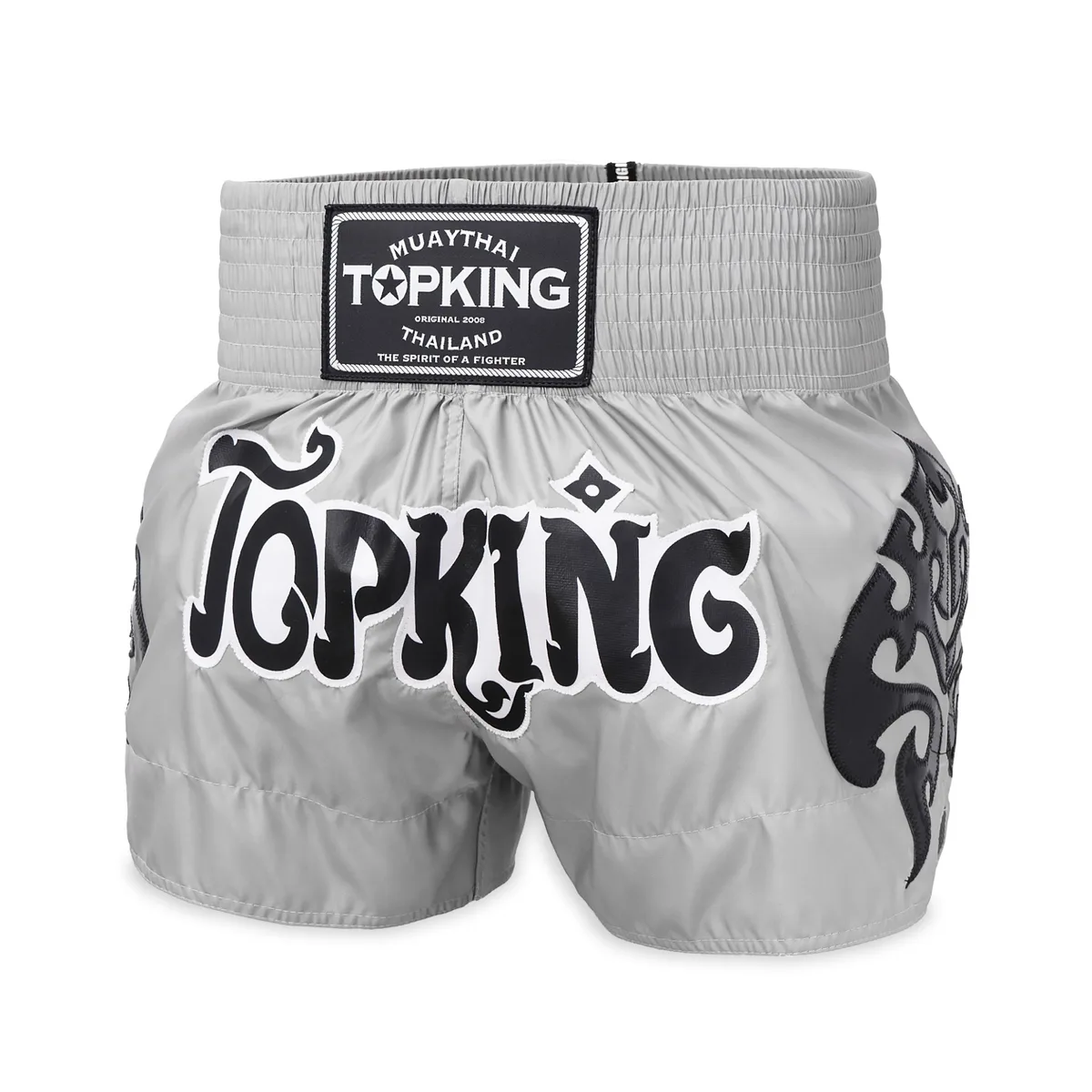 Мъжки шорти за муай тай Top King Grey 259, преден изглед, с логото на марката и традиционни елементи.