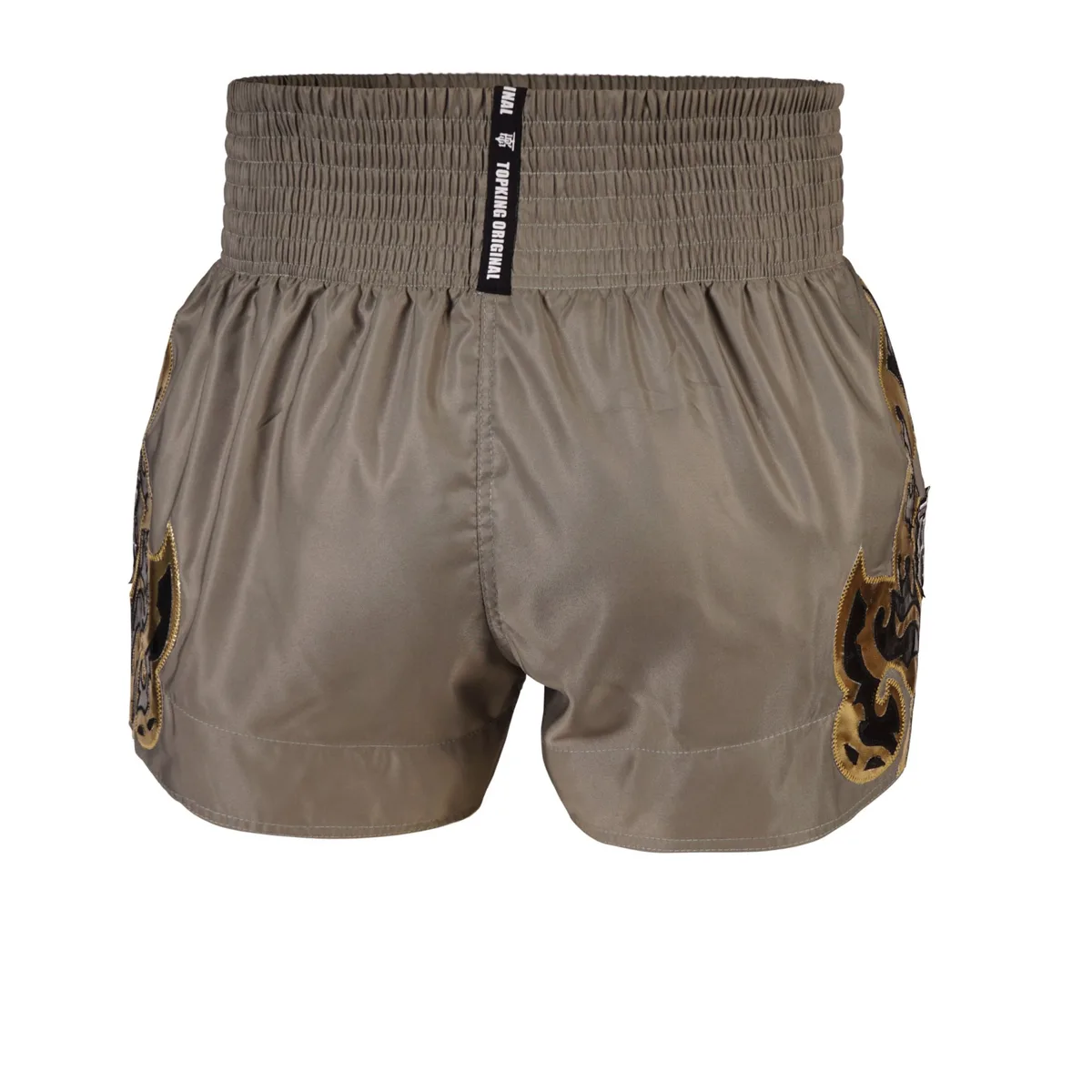 Заден изглед на шортите Top King Thai Boxing Shorts Khaki 228, подчертаващ удобството и дизайна.