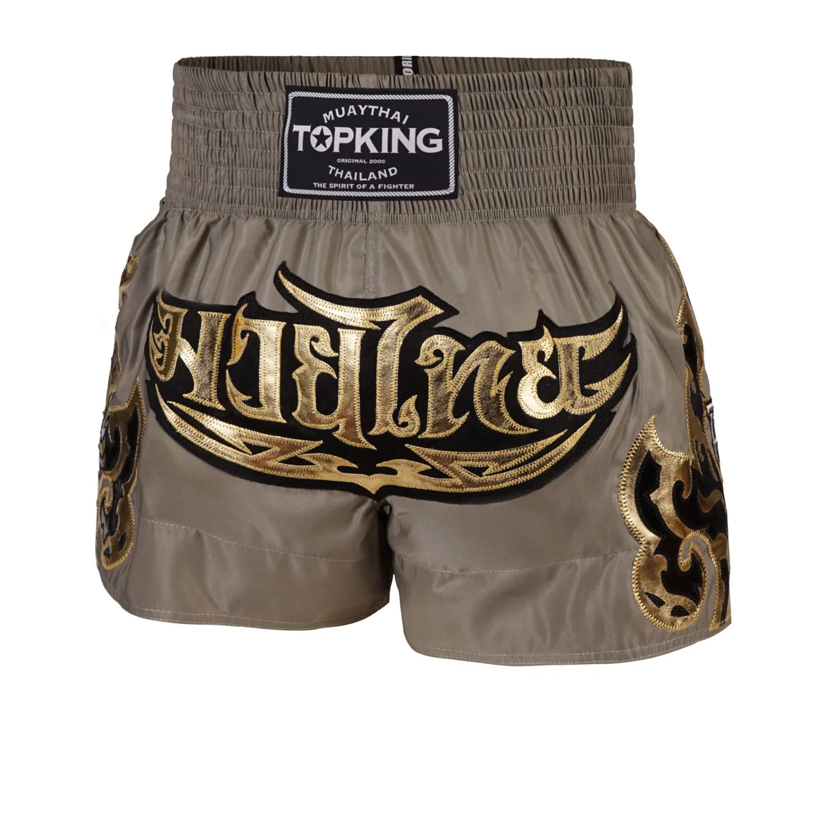 Мъжки шорти Top King Thai Boxing Shorts Khaki 228, изглед отпред, показани на бял фон.