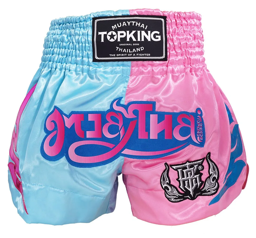 Муай тай шорти Top King в светлосиньо и розово, модел LIGHT BLUE PINK 250, показани отпред