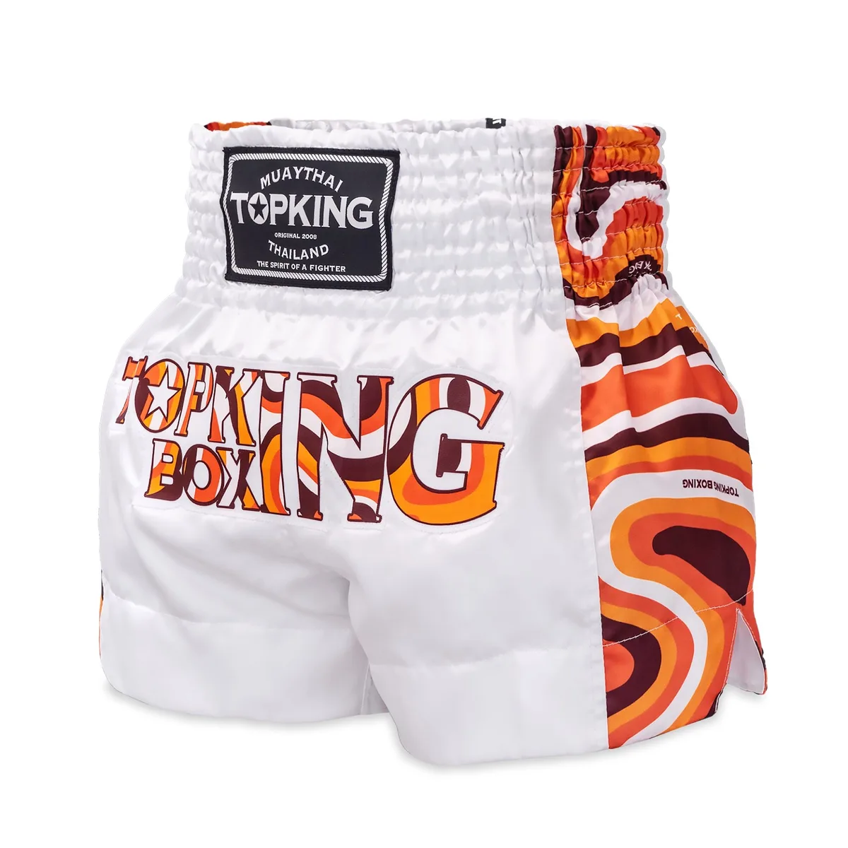 Оранжеви шорти Top King Thai Boxing Shorts Orange 261, показани отпред с детайли на логото.
