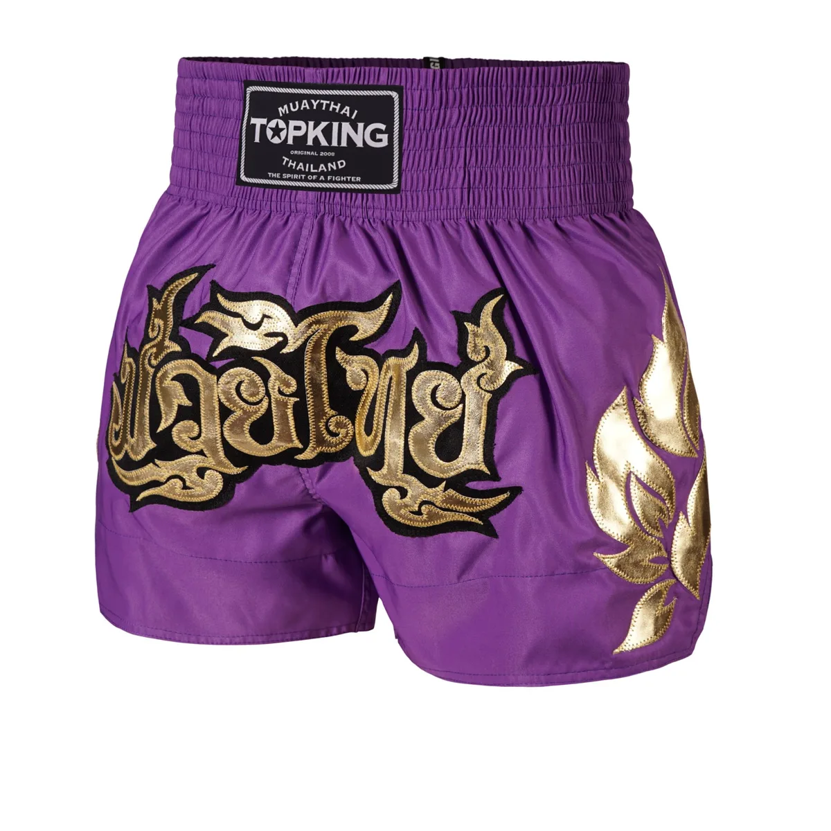 Лилави шорти за муай тай Top King Purple 229, преден изглед, с характерна емблема на колана.