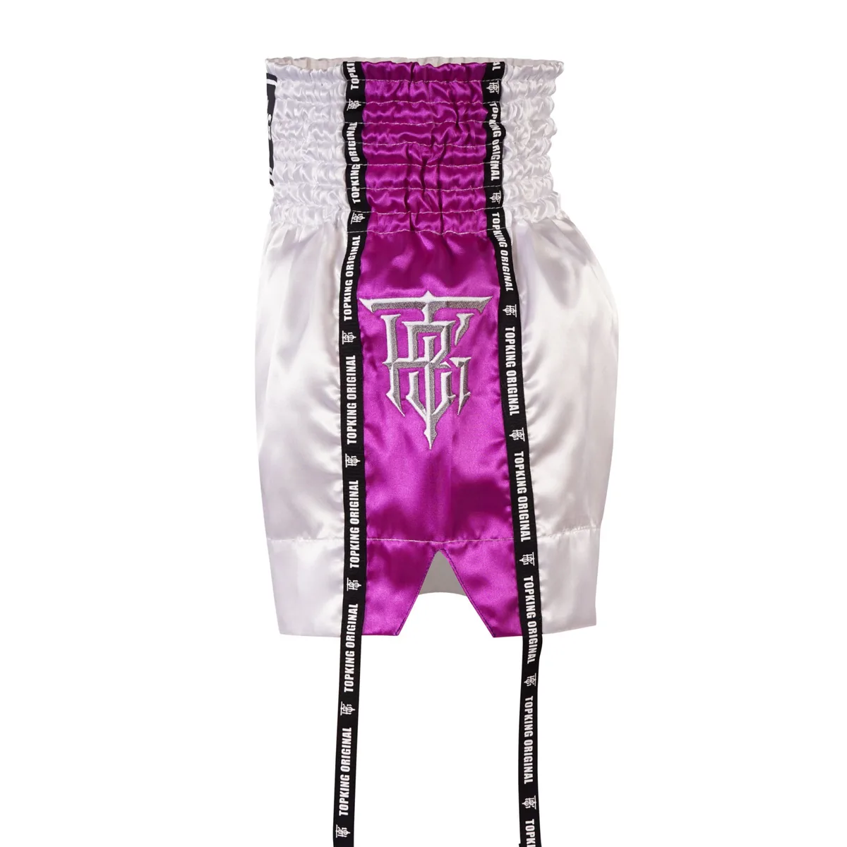 Страничен изглед на лилавите шорти Top King Thai Boxing Shorts Purple 201, подчертаващ кройката за свобода на движение.