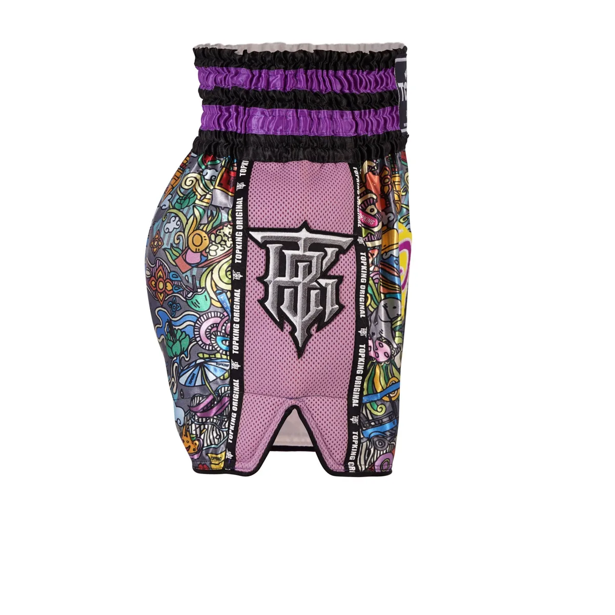 Детайлен изглед на лилавите шорти Top King Thai Boxing Shorts Purple 223, подчертаващ еластичния колан и качествената изработка.