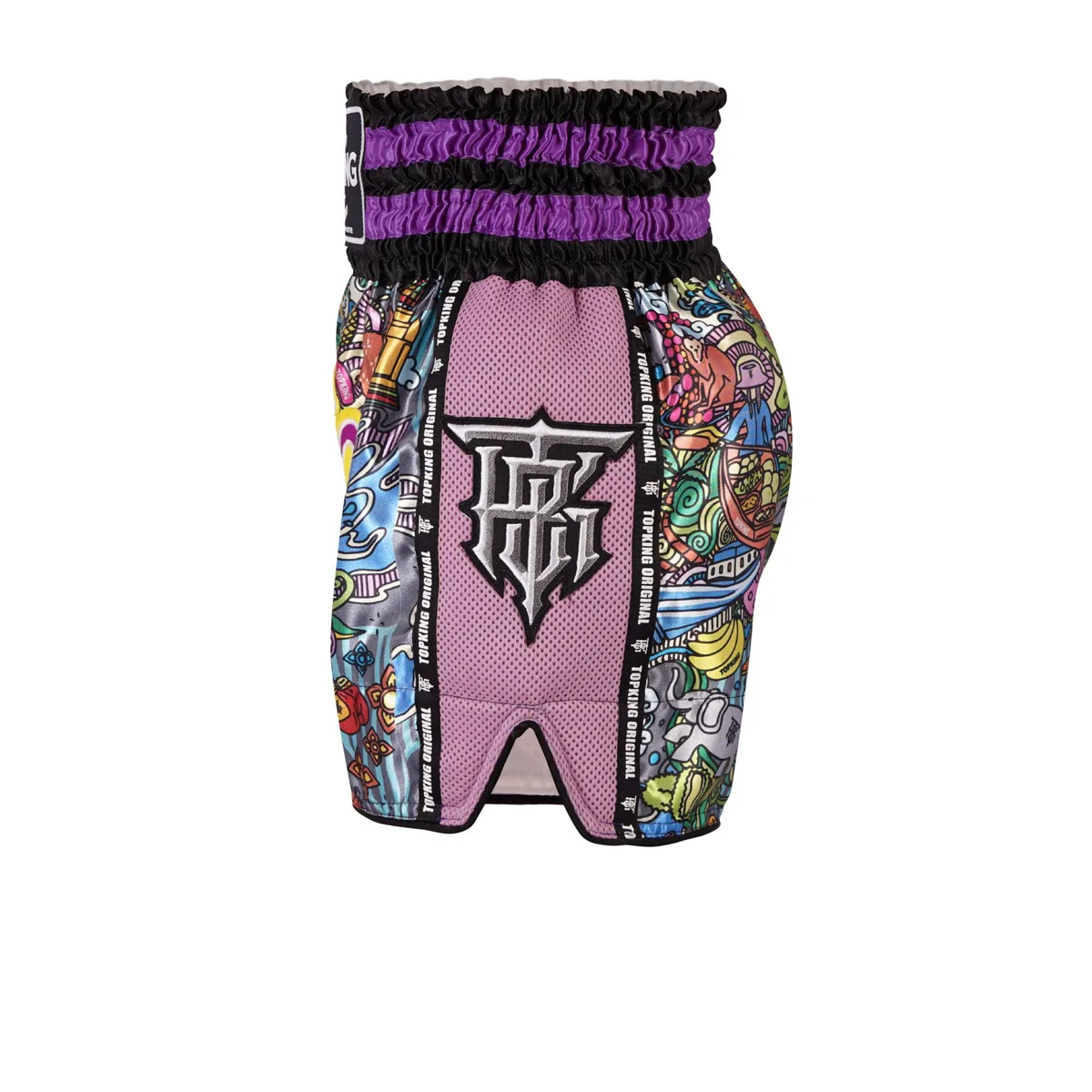 Страничен изглед на лилави шорти Top King Thai Boxing Shorts Purple 223, демонстриращ широките крачоли за свобода на движение.