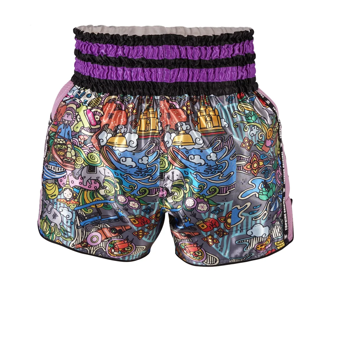Заден изглед на лилавите шорти Top King Thai Boxing Shorts Purple 223, показващ цялостния дизайн и кройка.