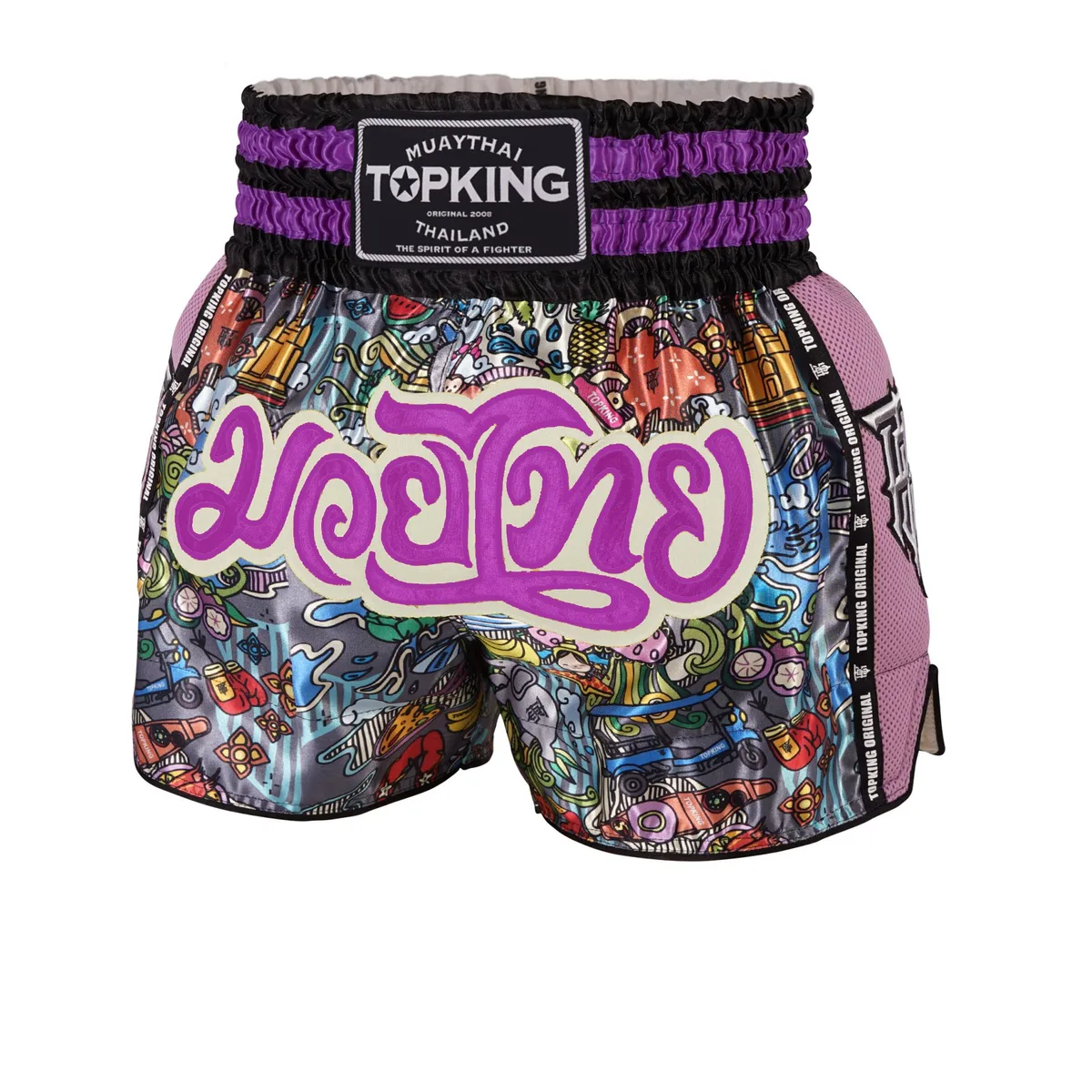 Лилави шорти Top King Thai Boxing Shorts Purple 223, показани отпред, с логото на марката и традиционни тайландски елементи.