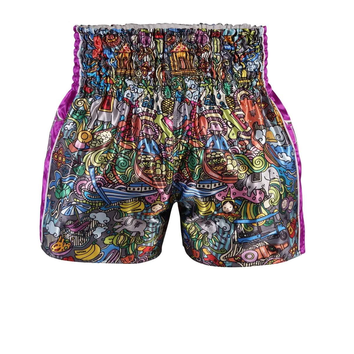 Детайлна снимка на шорти Top King Thai Boxing Shorts Purple 225, фокусирана върху талията и качеството на изработка.