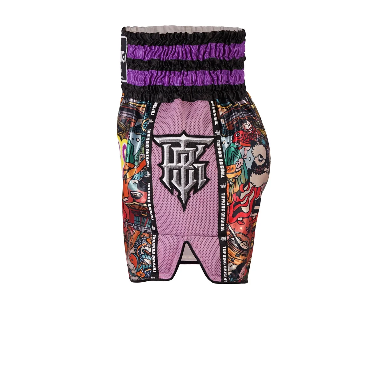 Детайлен изглед на щампата и шевовете на лилавите шорти Top King Purple 227