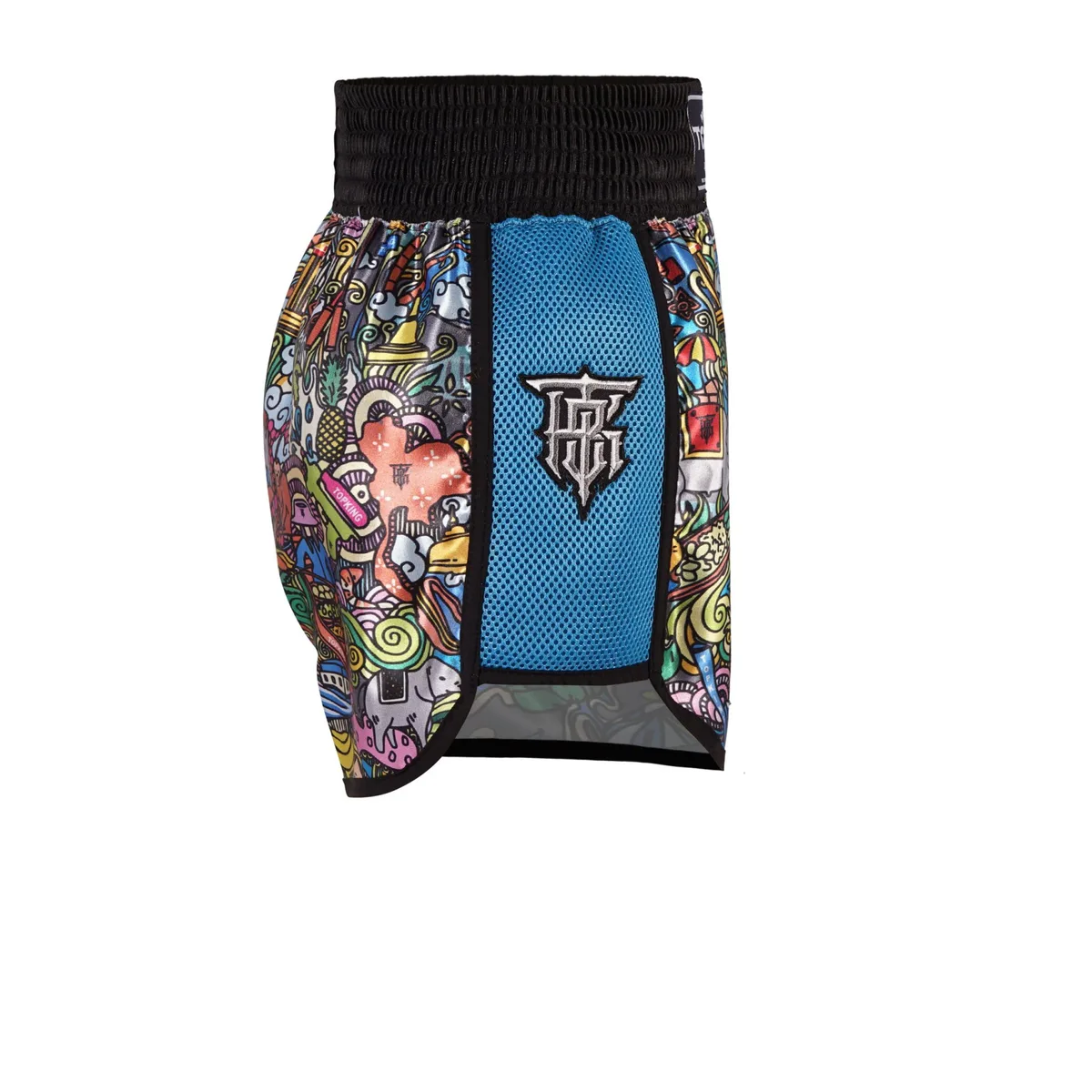 Детайлен изглед на небесносините шорти Top King Thai Boxing Shorts, показващ еластичния колан и шевовете.