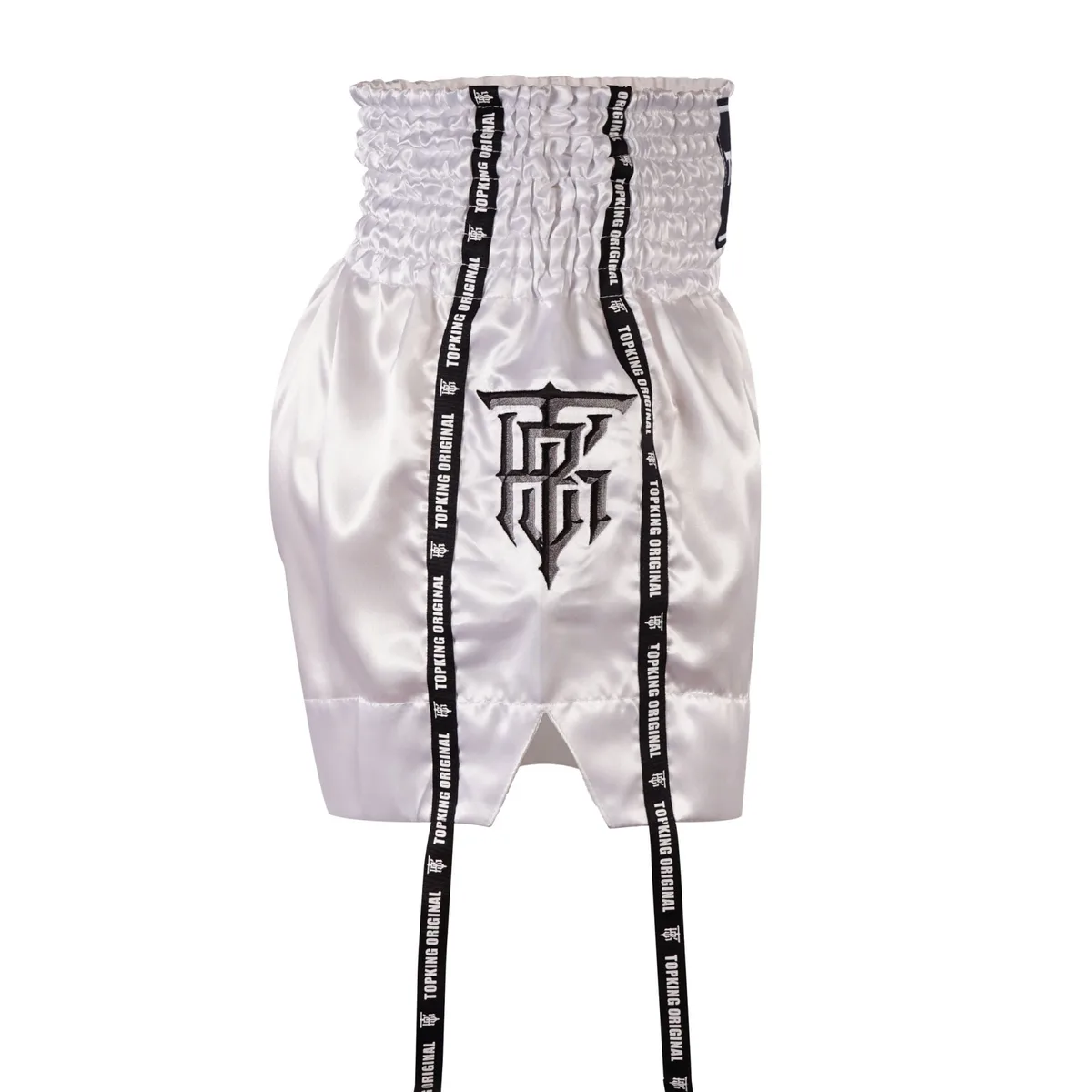 Бели шорти Top King Thai Boxing Shorts White 201, изглед отзад, показващ еластичния колан.