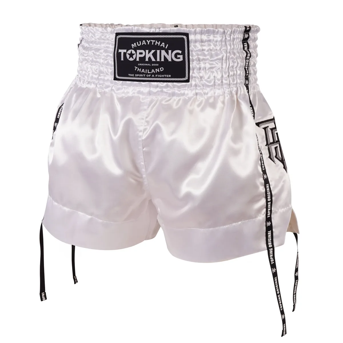 Бели шорти Top King Thai Boxing Shorts White 201, изглед отпред, с логото на марката.