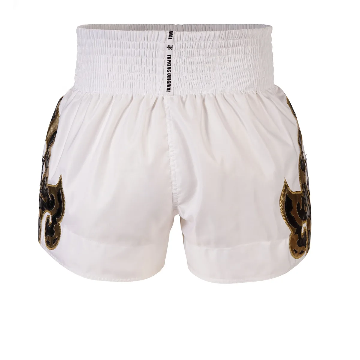 Бели шорти за муай тай TOPKING THAI BOXING SHORTS WHITE 228, страничен изглед, показващ широките отвори за краката