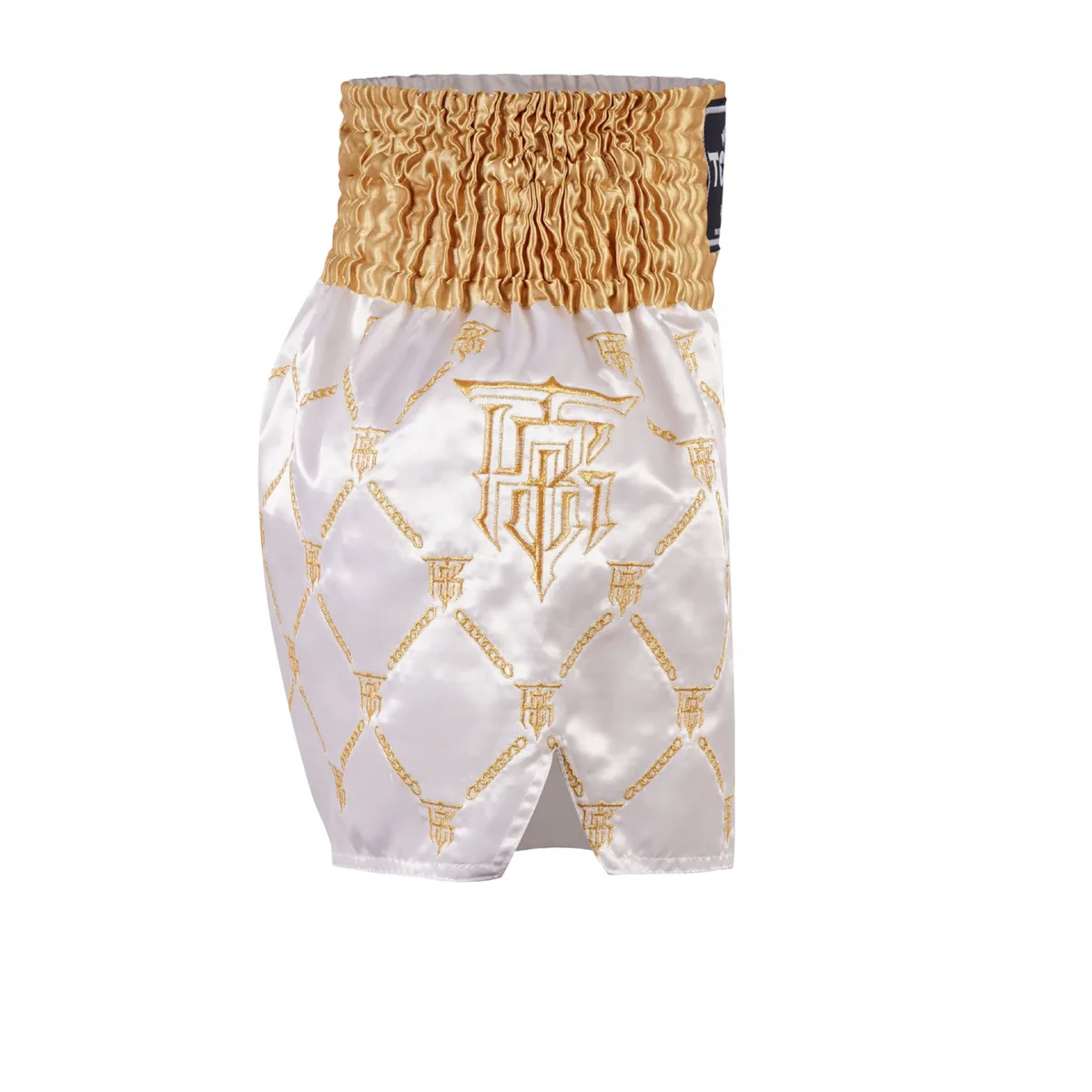 Top King Thai Boxing Shorts White Gold 212 - детайлен изглед на еластичната талия и златни надписи