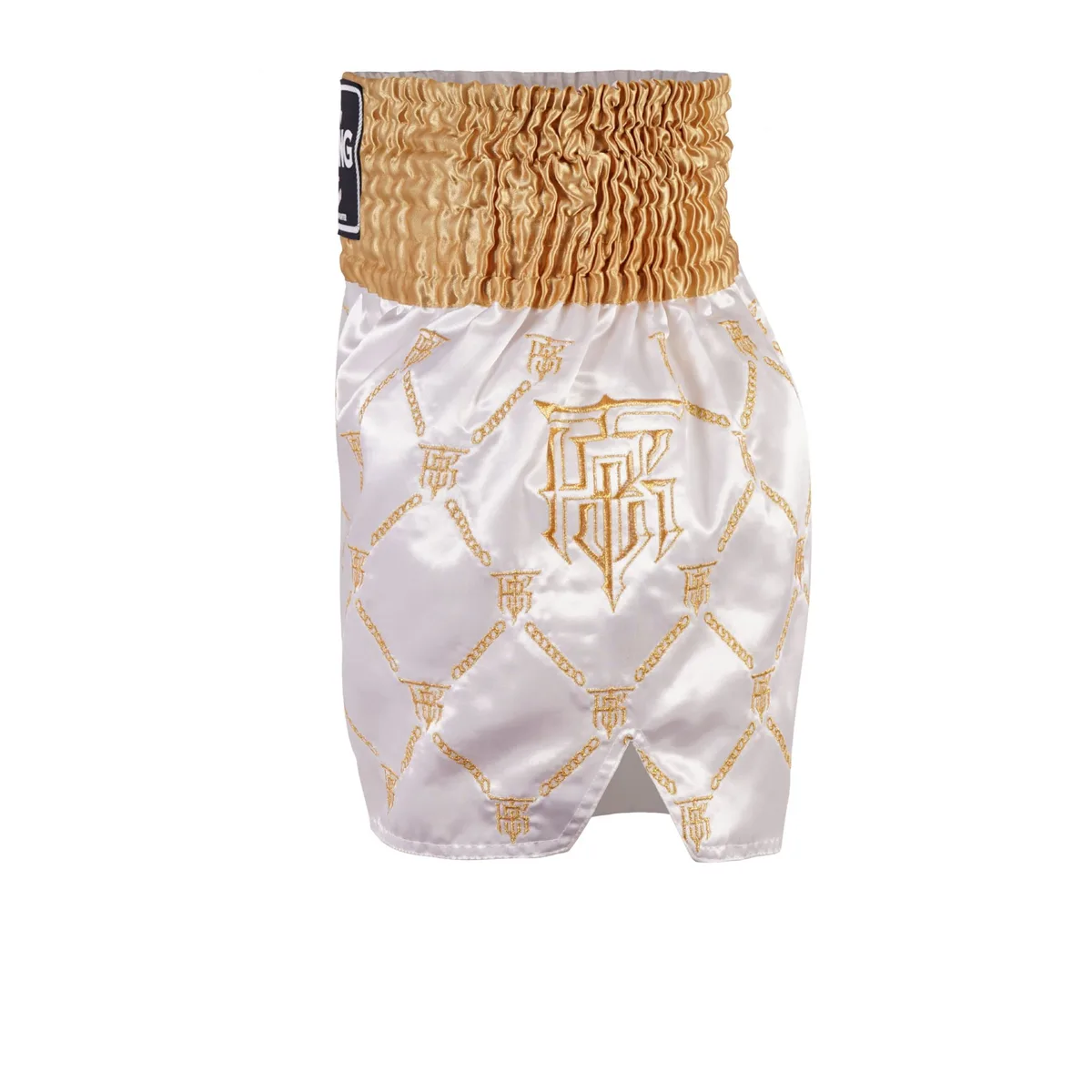 Top King Thai Boxing Shorts White Gold 212 - страничен изглед, показващ свободната кройка и разрезите за движение