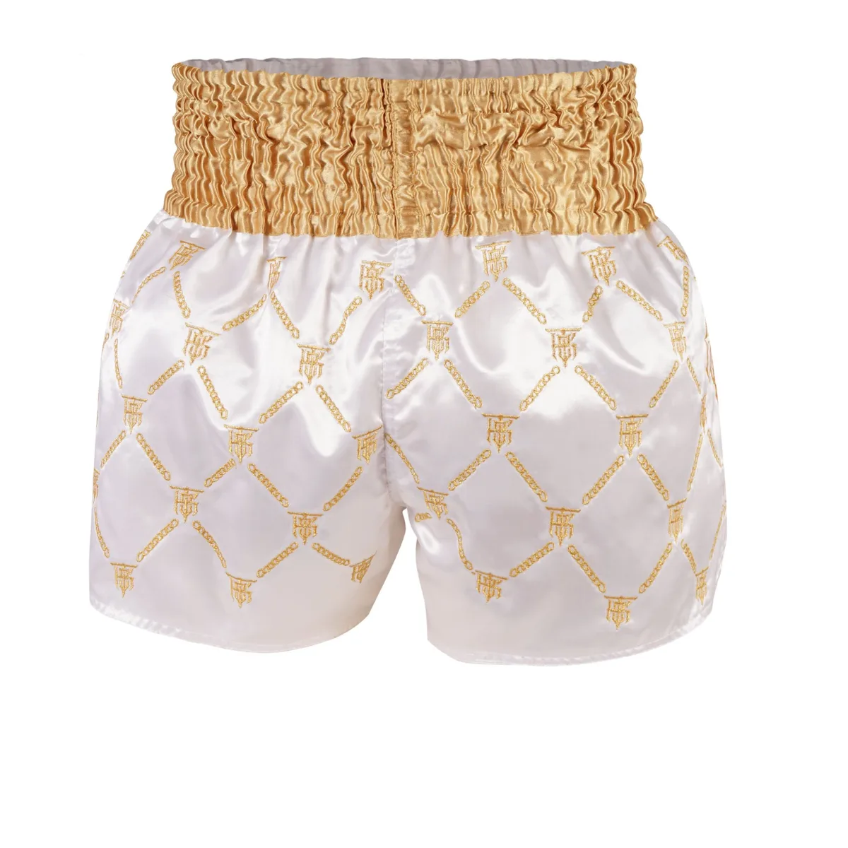 Top King Thai Boxing Shorts White Gold 212 - изглед отзад, подчертаващ цялостния дизайн и качество на изработка