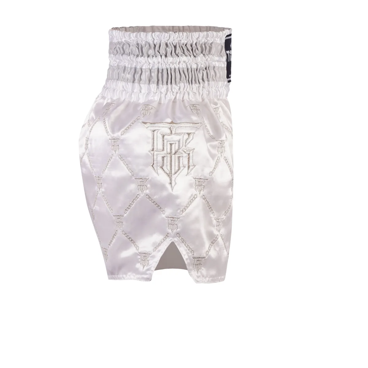 Детайлен изглед на шорти Top King White Silver 211, показващ логото