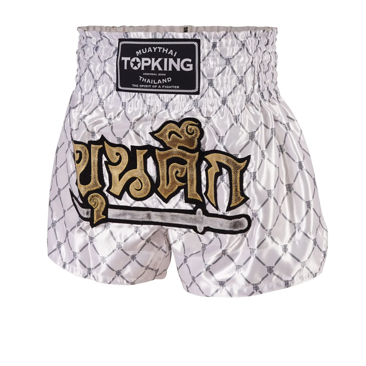 TOPKING THAI BOXING SHORTS WHITE SILVER 213 – изглед отпред, показващ бял фон със сребърни акценти и логото на Top King.