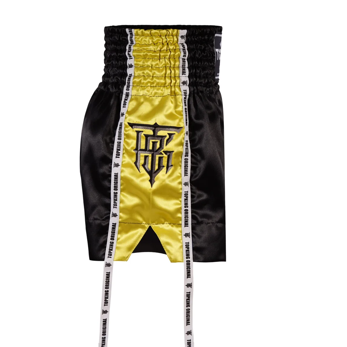 Жълти шорти за тай бокс Top King Yellow 202, изглед отстрани, показващ широките крачоли