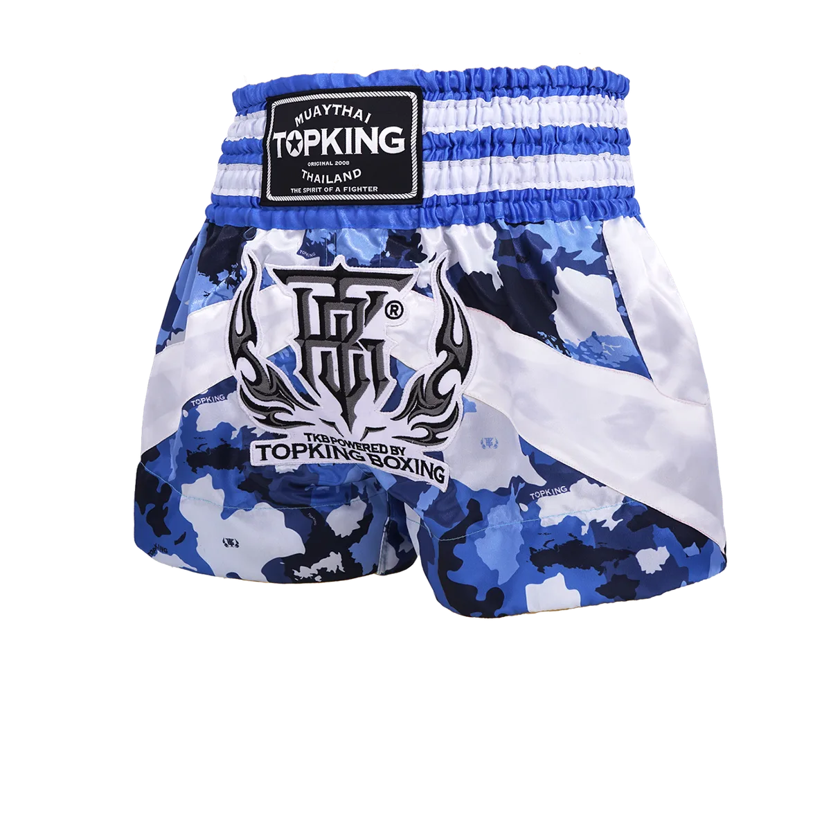 Шорти за муай тай Top King Camouflage Blue 249, показващи камуфлажен десен в сини нюанси и логото на марката.