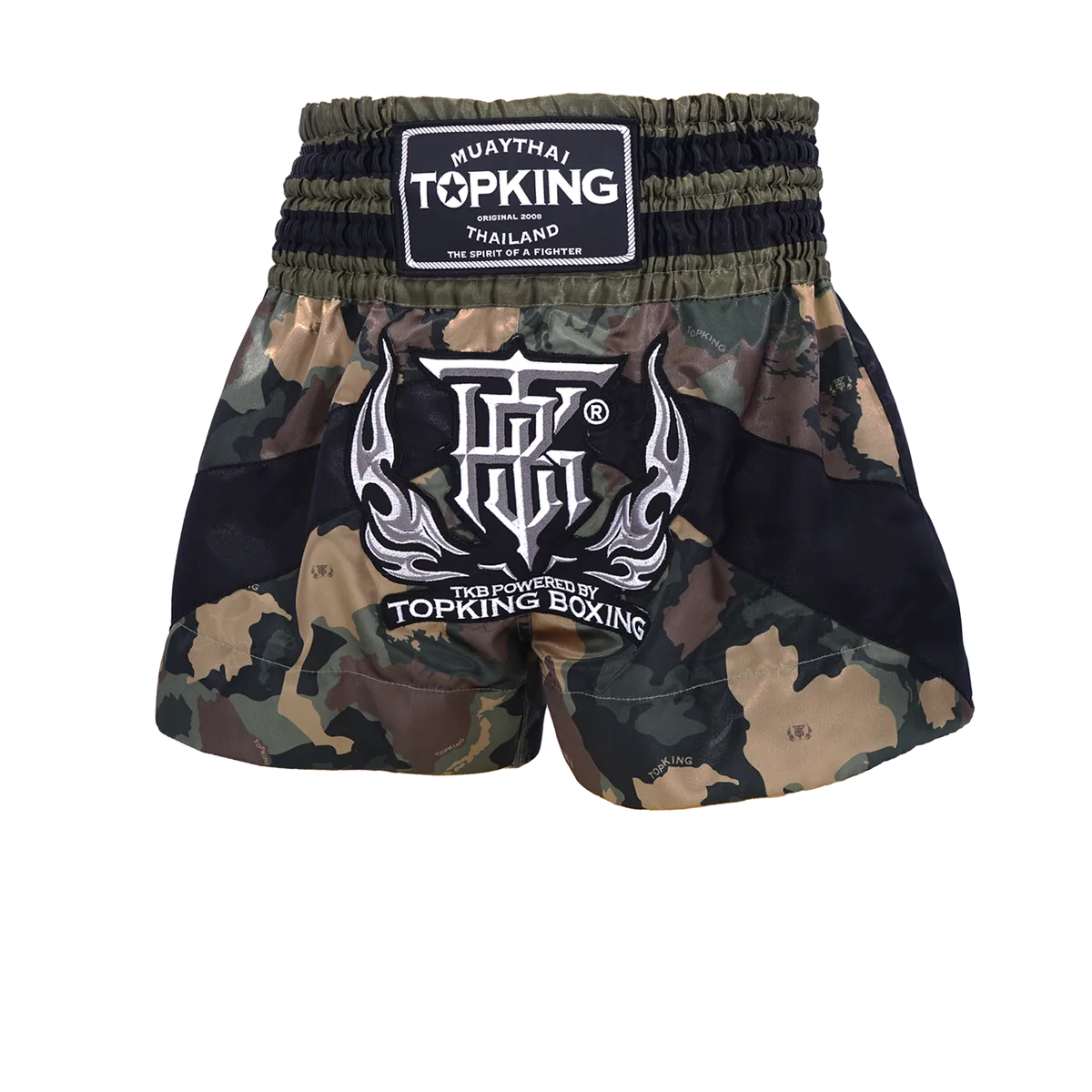 Мъжки шорти за муай тай Top King Camouflage Green 249, с камуфлажен десен в зелено и черни акценти, показани в цял ръст
