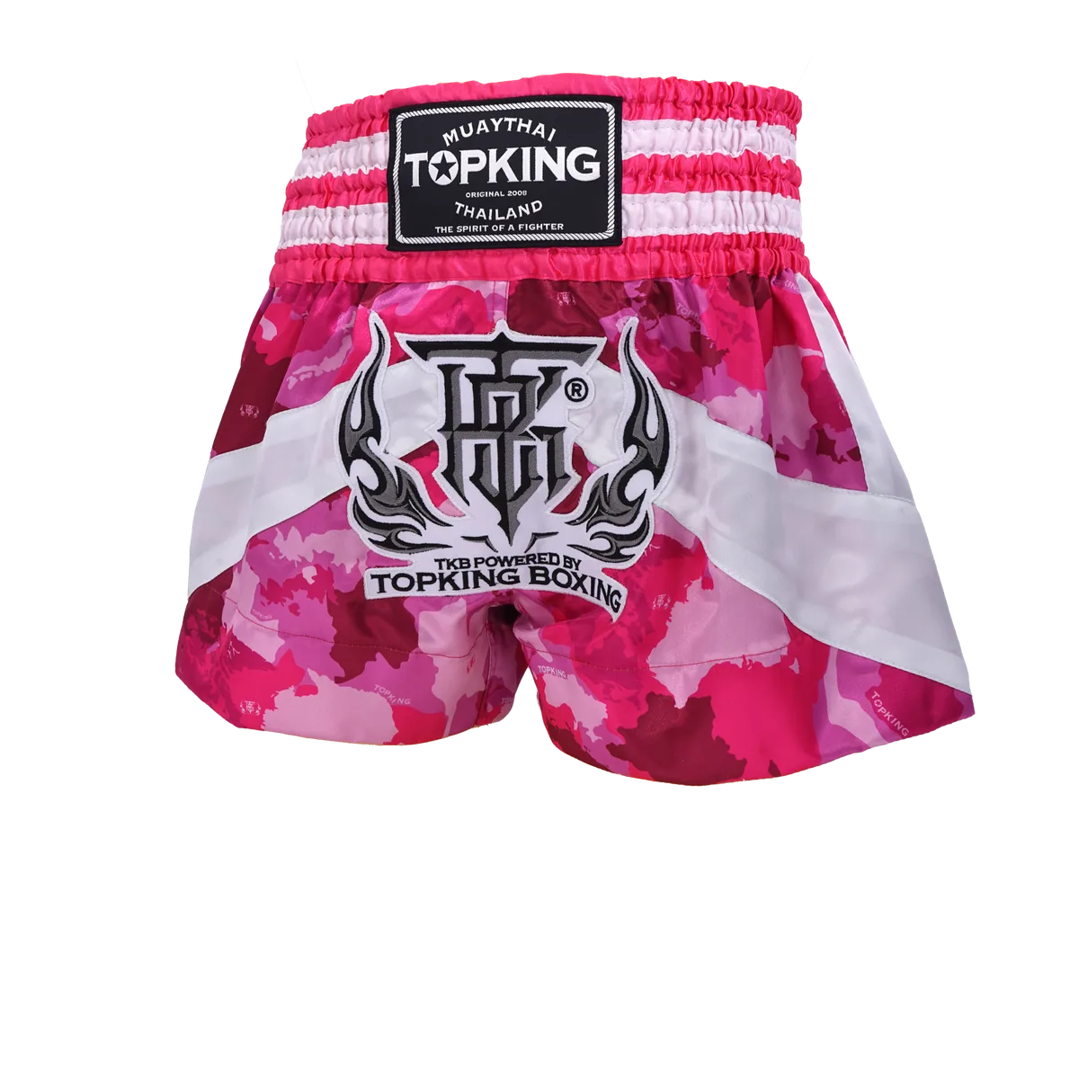 Розови камуфлажни шорти за муай тай Top King Tobking Thai Boxing Short Camouflage Pink 249, поставени на бял фон.