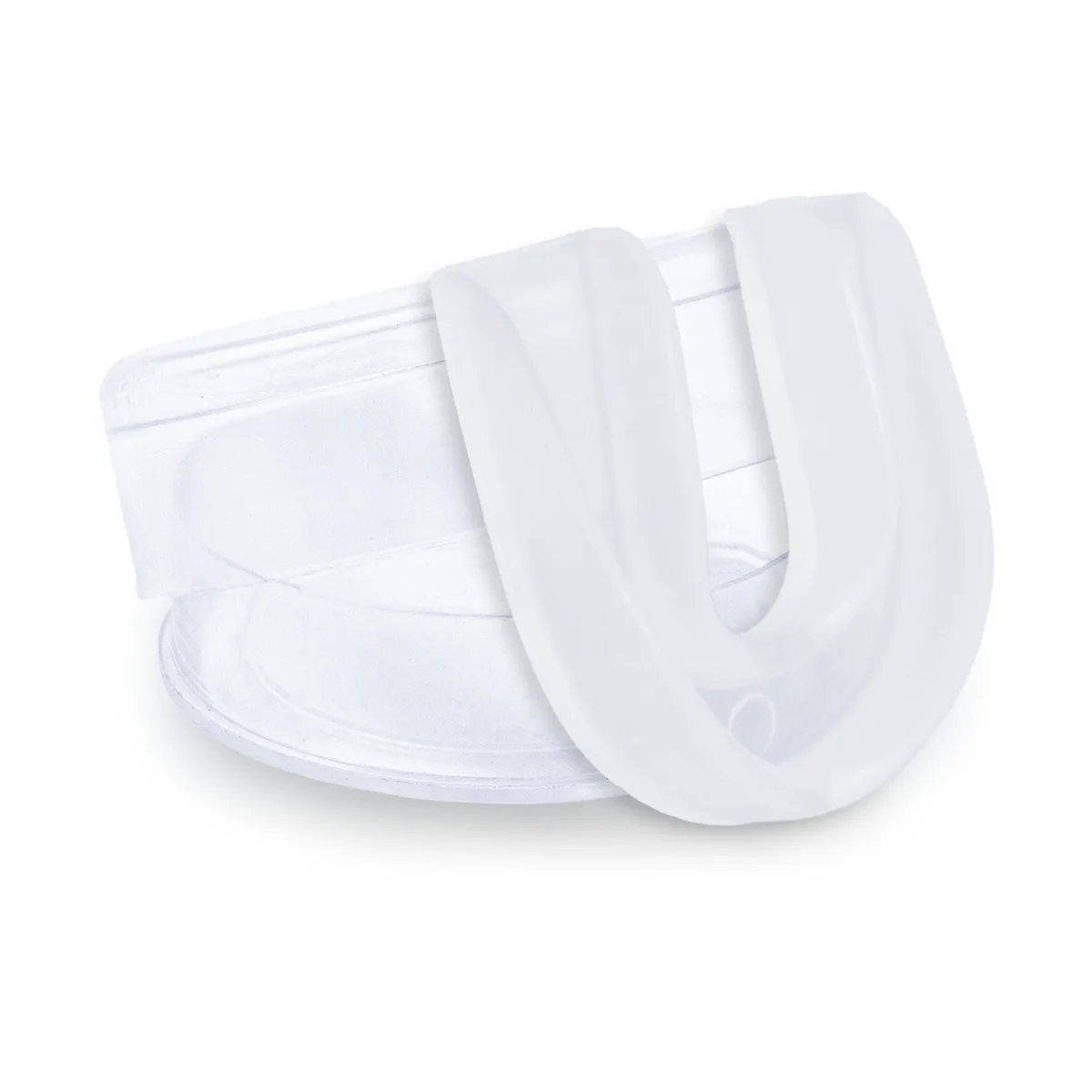 Прозрачен протектор за уста TOPKING TRANSPARENT THAI MOUTH GUARD, заснет отпред, показващ гладката повърхност.