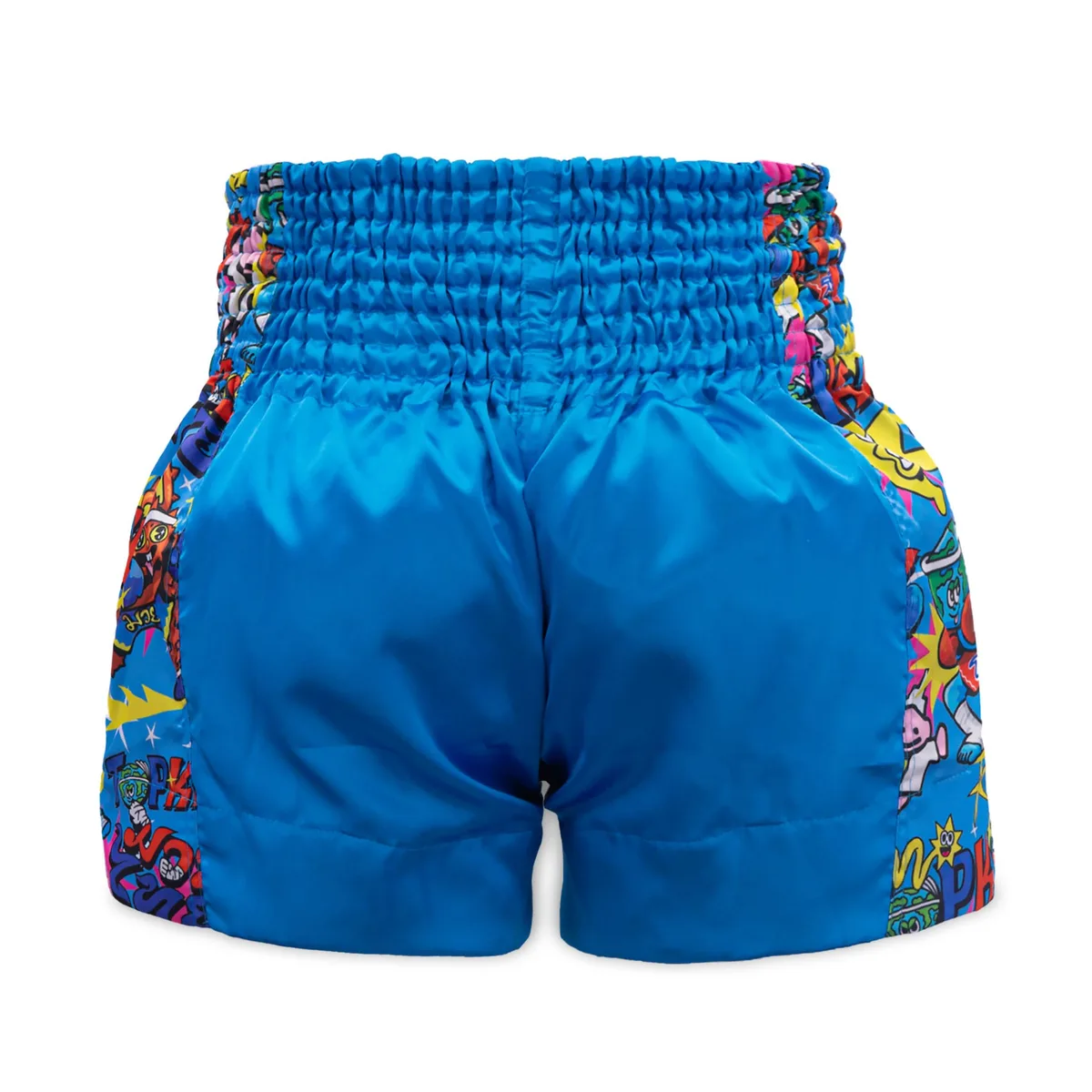 Задна част на небесносините шорти TOPKING X PUCK THAI BOXING SHORTS 02, показваща колана
