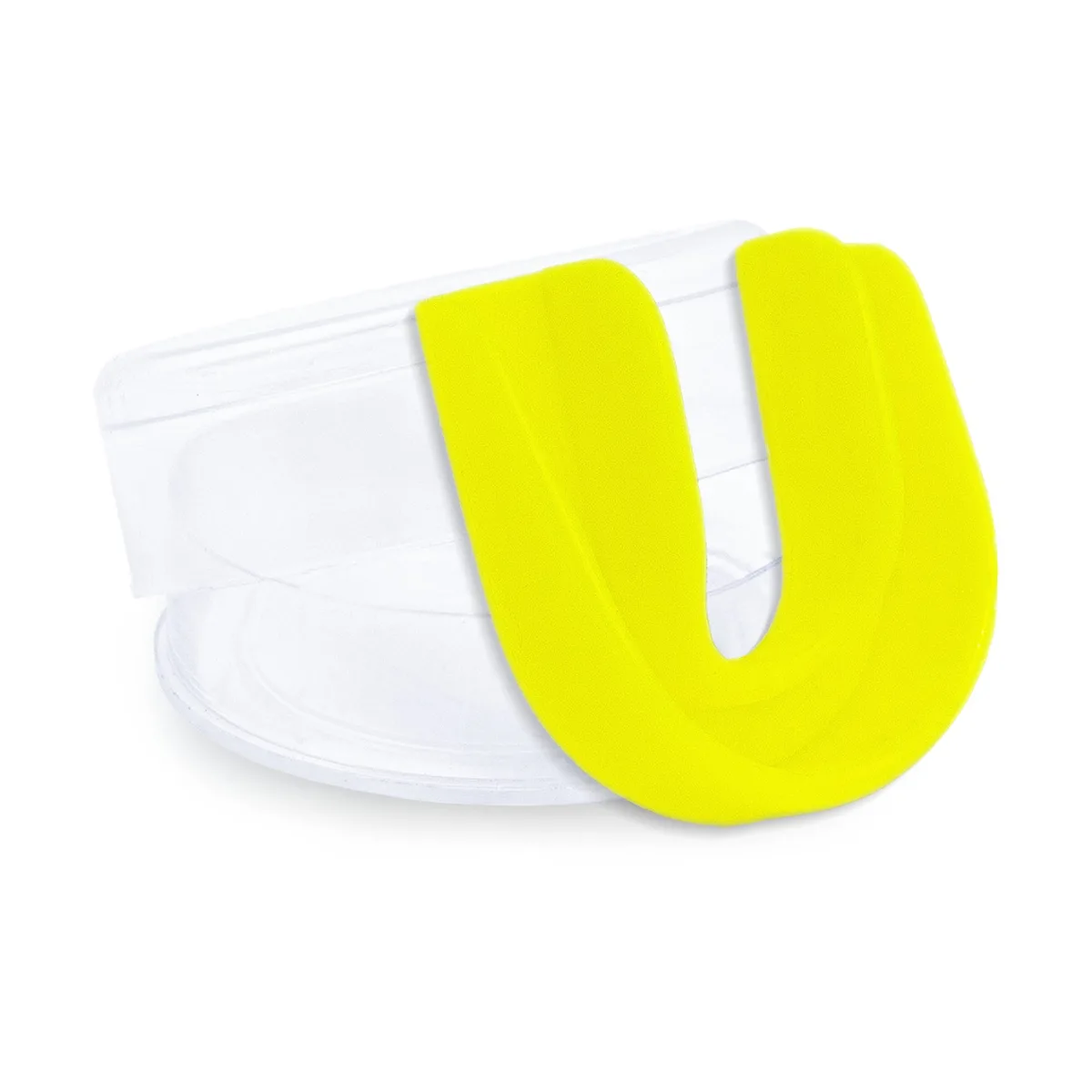 Жълт протектор за уста Top King Thai Mouth Guard, показан отблизо, с логото на марката.