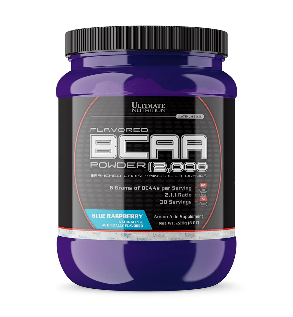 Ultimate Nutrition BCAA 12,000 Powder 228 гр. - преден изглед на опаковката с аромат Синя малина