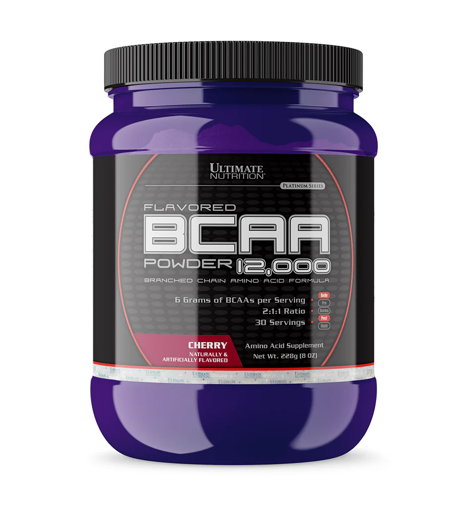 Ultimate Nutrition BCAA 12,000 Powder 228 гр. - преден изглед на опаковката с аромат Череша