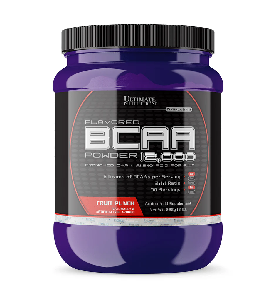 Ultimate Nutrition BCAA 12,000 Powder 228 гр. - преден изглед на опаковката с аромат Плодов пунш