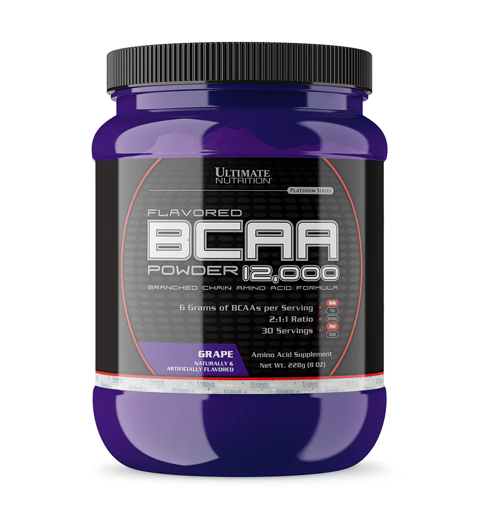 Ultimate Nutrition BCAA 12,000 Powder 228 гр. - преден изглед на опаковката с аромат Грозде