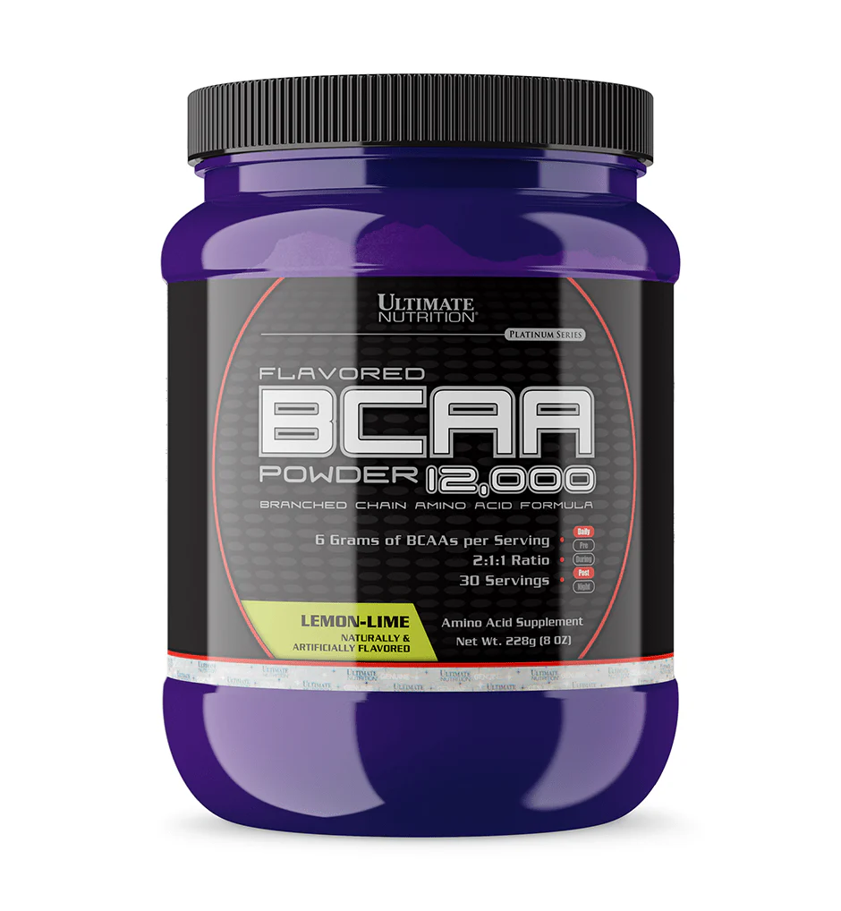 Ultimate Nutrition BCAA 12,000 Powder 228 гр. - преден изглед на опаковката с аромат Лимон-лайм