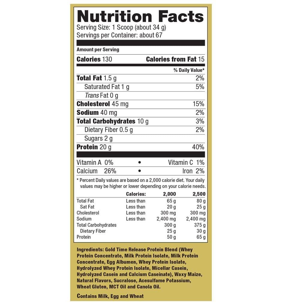 Syntho Gold Ultimate Nutrition 2270 грама, етикет с информация за съставките и хранителните стойности