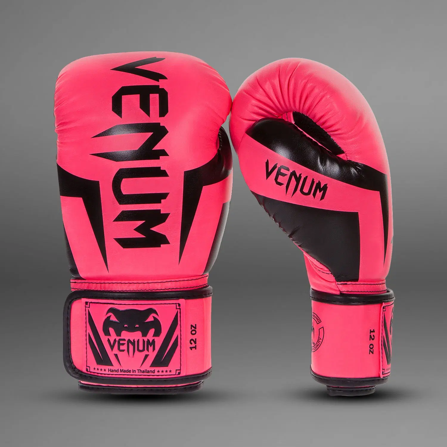 Venum Elite Boxing Gloves - Rose преден изглед с черно лого и надпис 12 oz