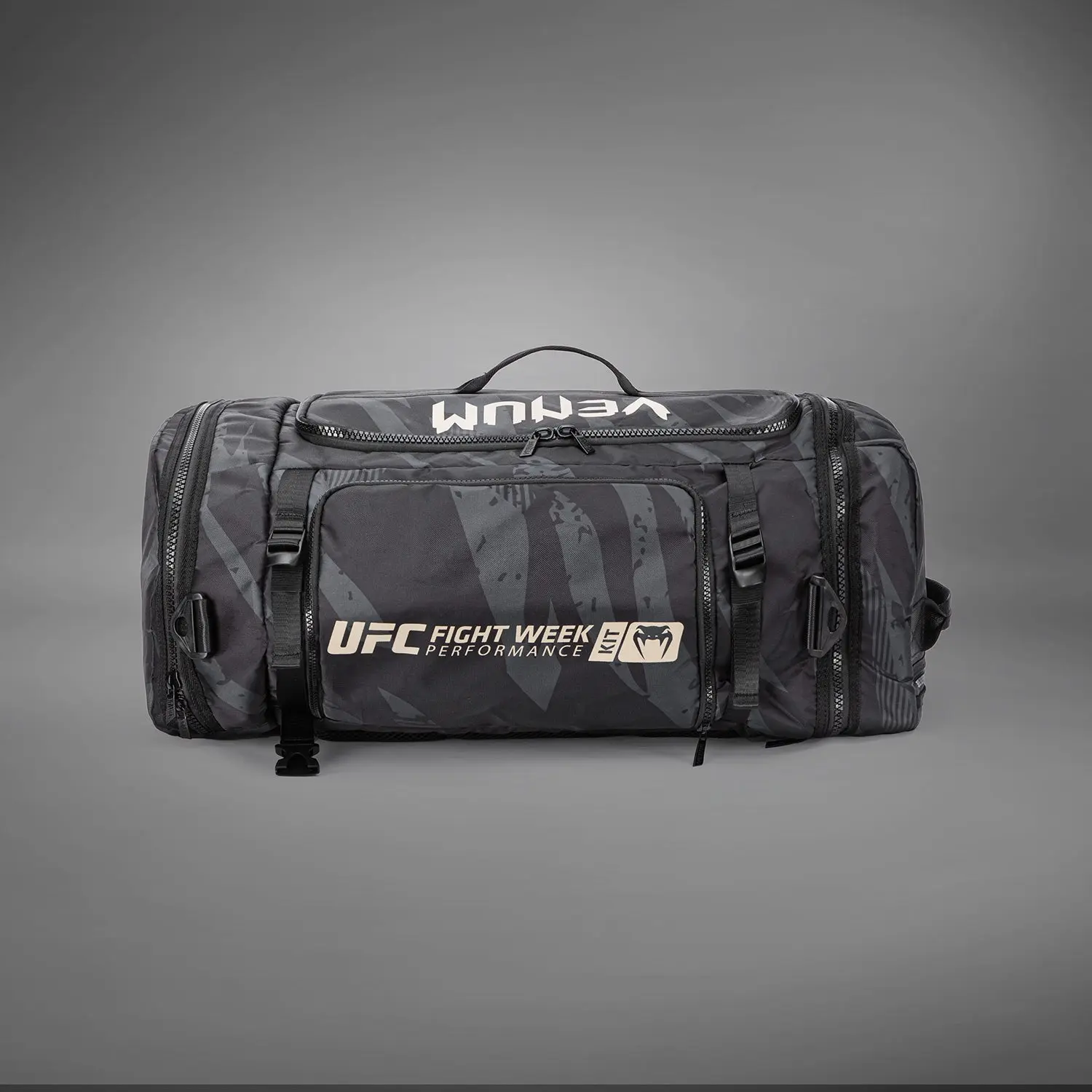 UFC Adrenaline by Venum Fight Week Duffle Bag - Urban Camo, преден изглед с UFC лого