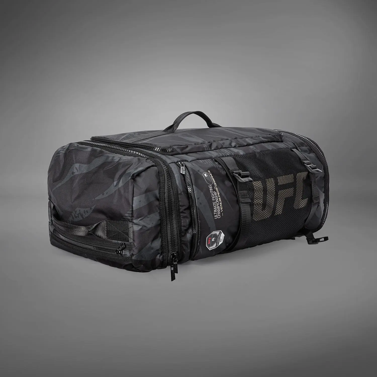 UFC Adrenaline by Venum Fight Week Duffle Bag - Urban Camo, преден изглед и страничен детайл