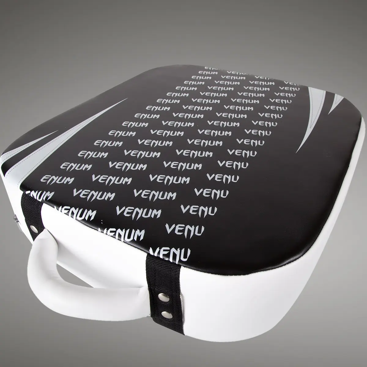 Venum Absolute Square Kick Shield - Skintex Leather - Black/Ice, изглед отстрани с множество лога Venum