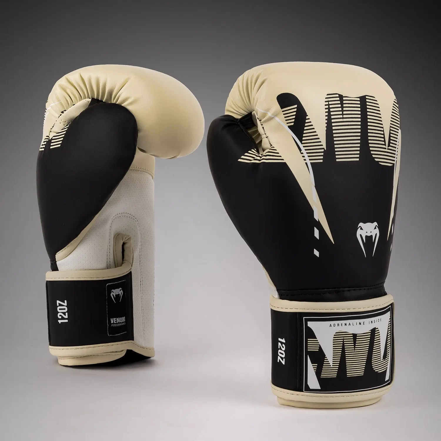 Venum Adrenaline Boxing Gloves - Black/ Ivory, преден изглед, страничен изглед