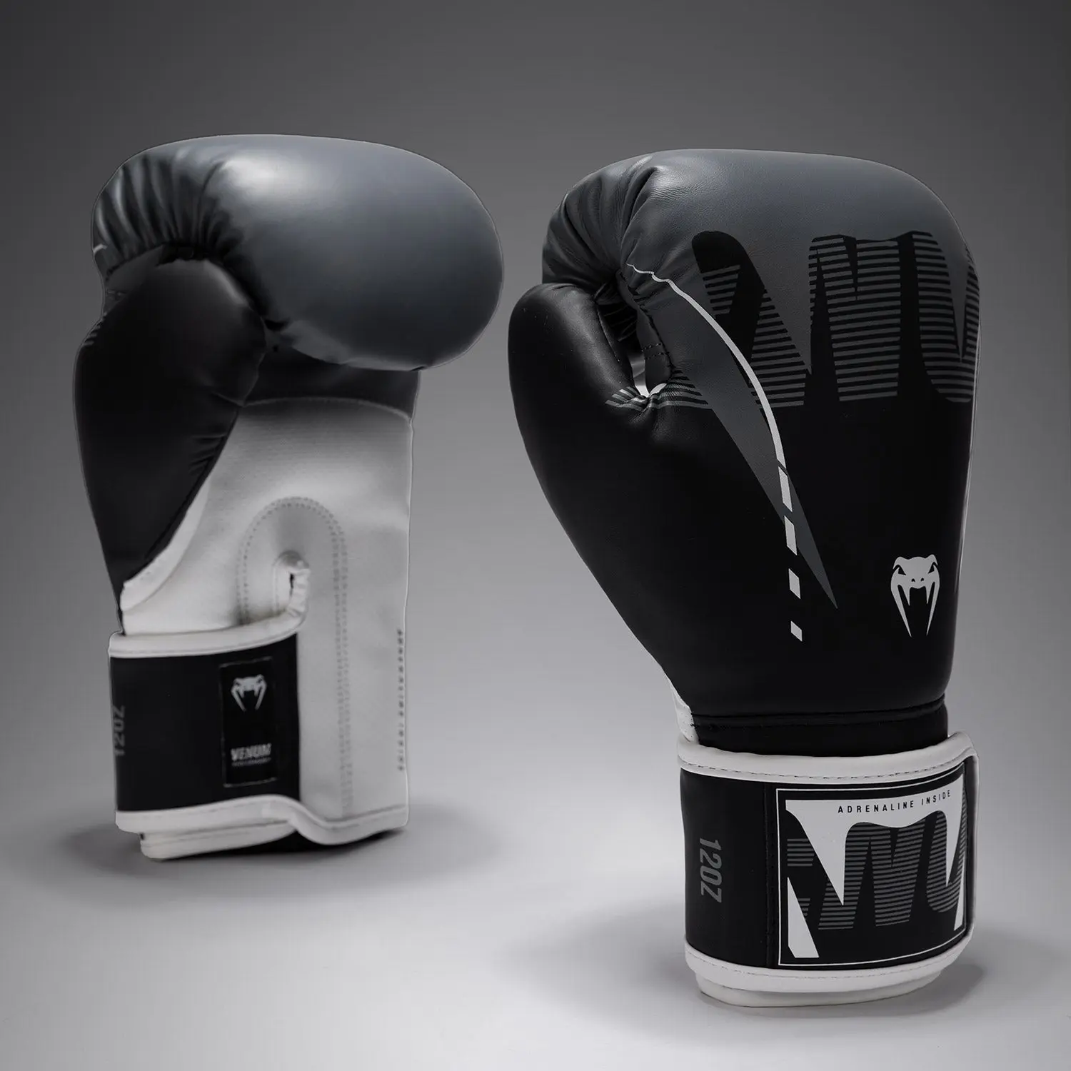Venum Adrenaline Boxing Gloves - Black/Silver Grey страничен изглед